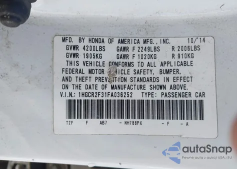 2015 Honda Accord Lx из США, поврежденный, VIN 1HGCR2F31FA036252